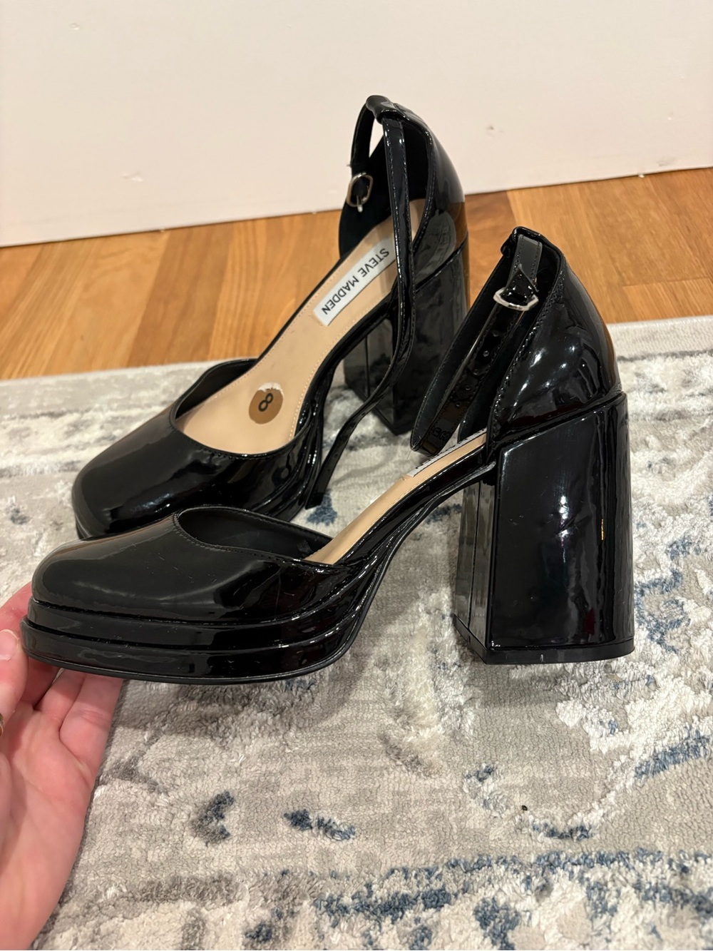 Steve Madden Black Patent Platform Block Heel Mary Jane Pumps - Picture 4 of 7